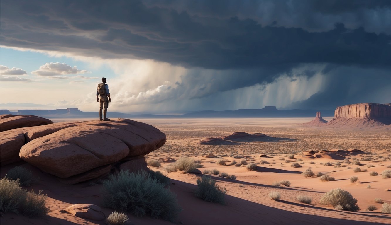 A desert landscape with a solitary figure standing on a rocky outcrop, gazing out towards the horizon.</p><p>A storm brews in the distance, adding drama to the scene