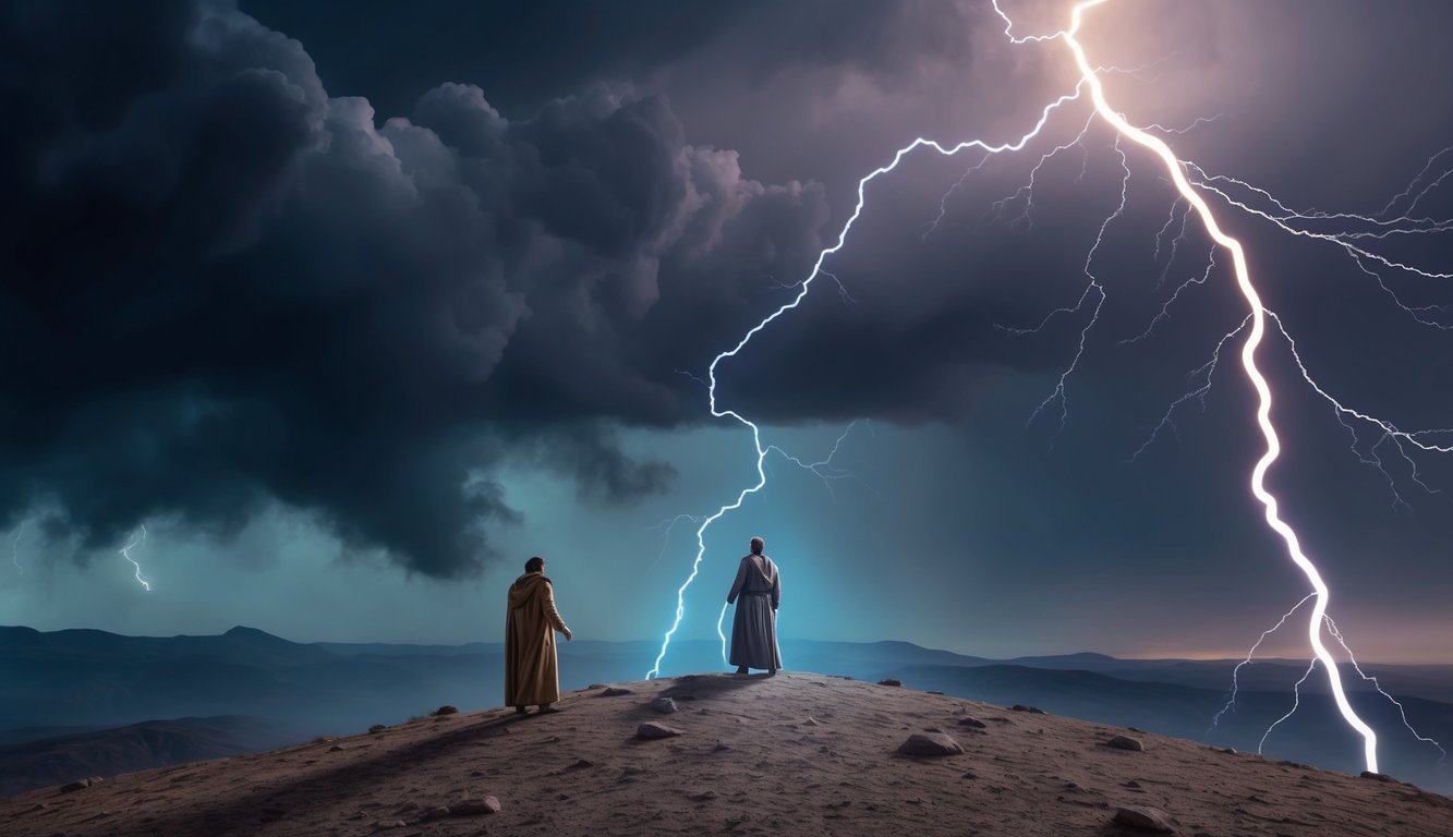 Elijah confronts a solitary figure on a barren mountaintop, surrounded by dark storm clouds and crackling lightning