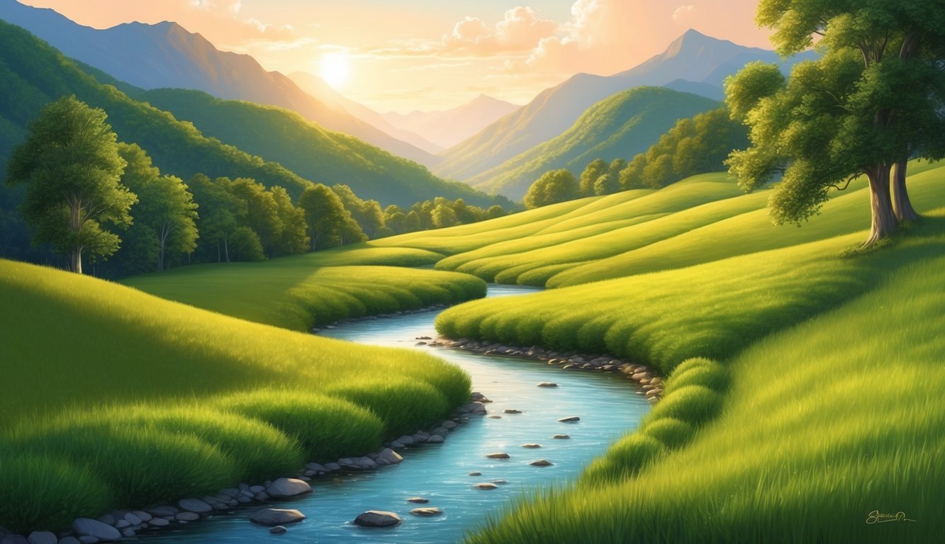 A serene landscape with a gentle stream flowing through a lush, green valley, surrounded by mountains and bathed in warm, golden sunlight