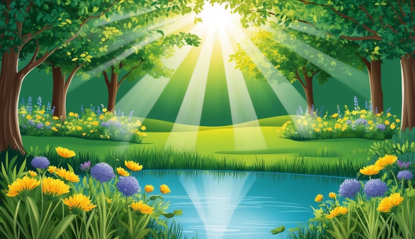 A serene garden with sunlight streaming through trees, casting dappled shadows on a peaceful pond.</p><p>Wildflowers bloom, symbolizing growth and renewal