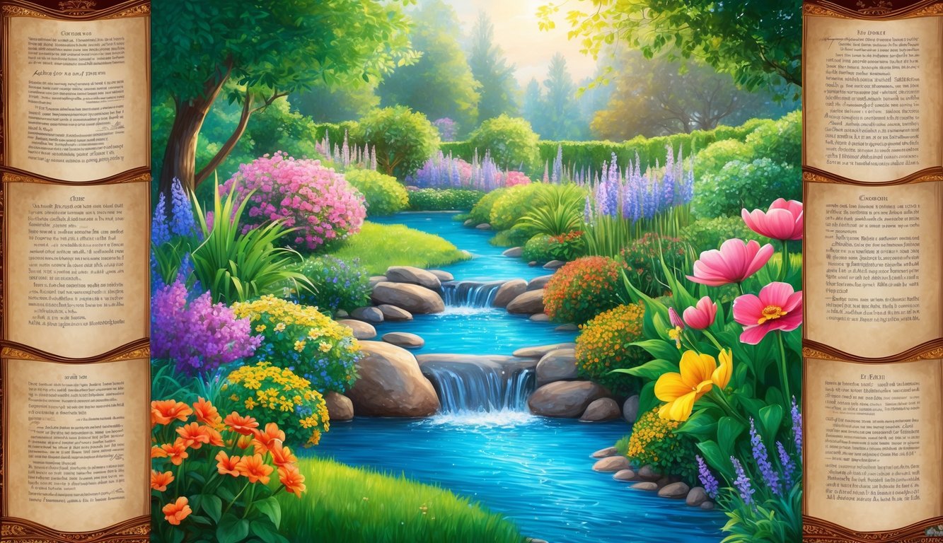 A serene garden with vibrant flowers and a flowing stream, surrounded by ancient wisdom scriptures