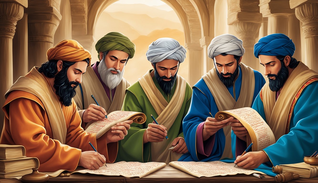 A group of scribes, each with their own scroll, meticulously writing and illustrating the ancient texts of the Bible