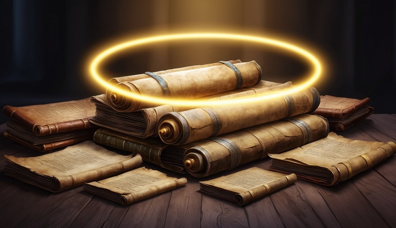 A glowing halo encircles a collection of ancient scrolls, emanating a divine light