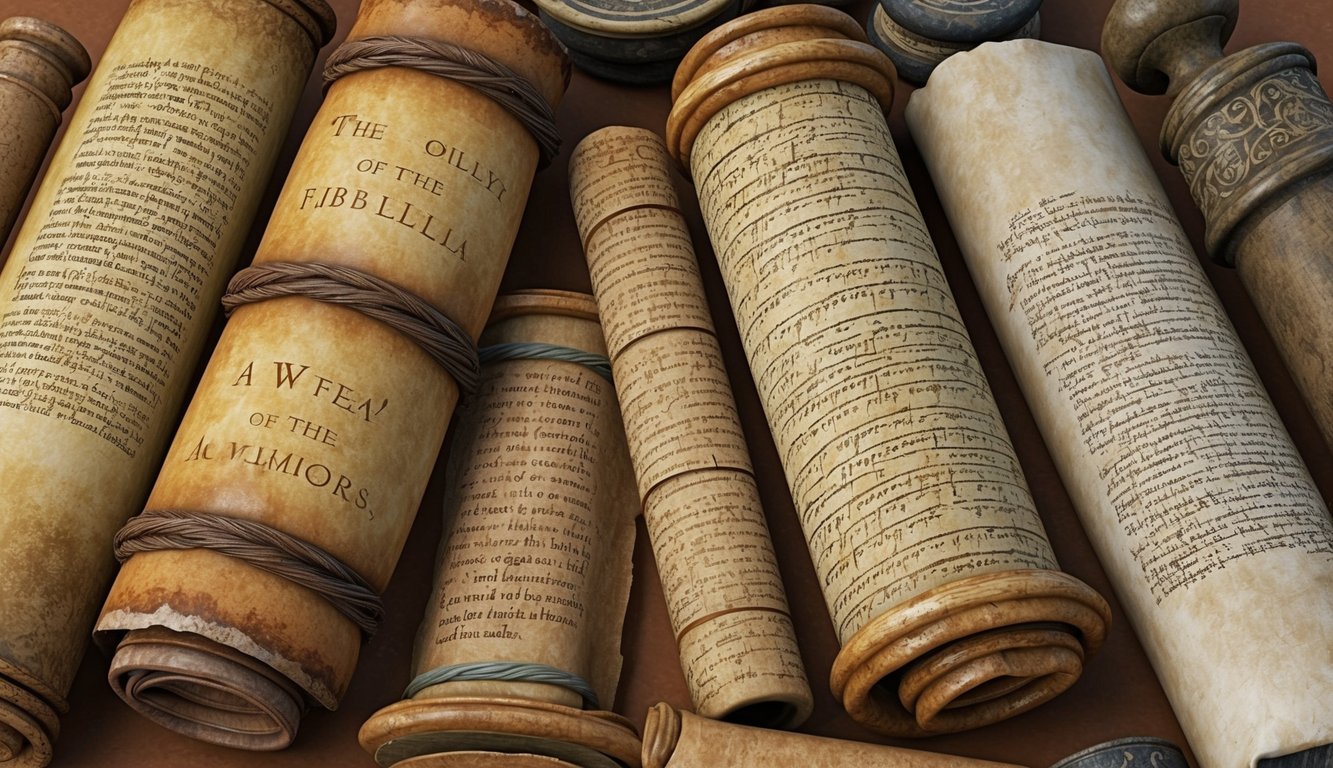 A collection of ancient scrolls and tablets, some worn and weathered, others carefully preserved, each containing the words of different biblical authors