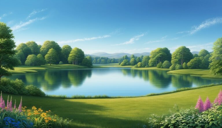 Scenic landscape with a lake, green grass, trees, and a blue sky