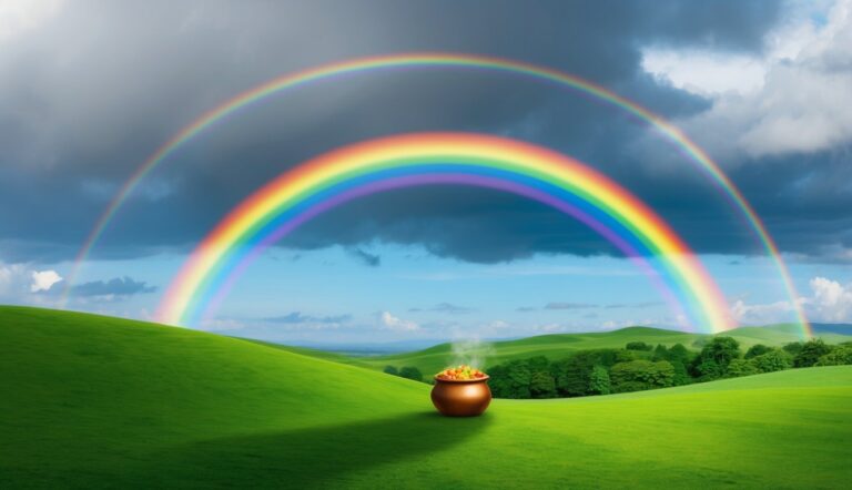 Double rainbow over green hills with a pot of gold