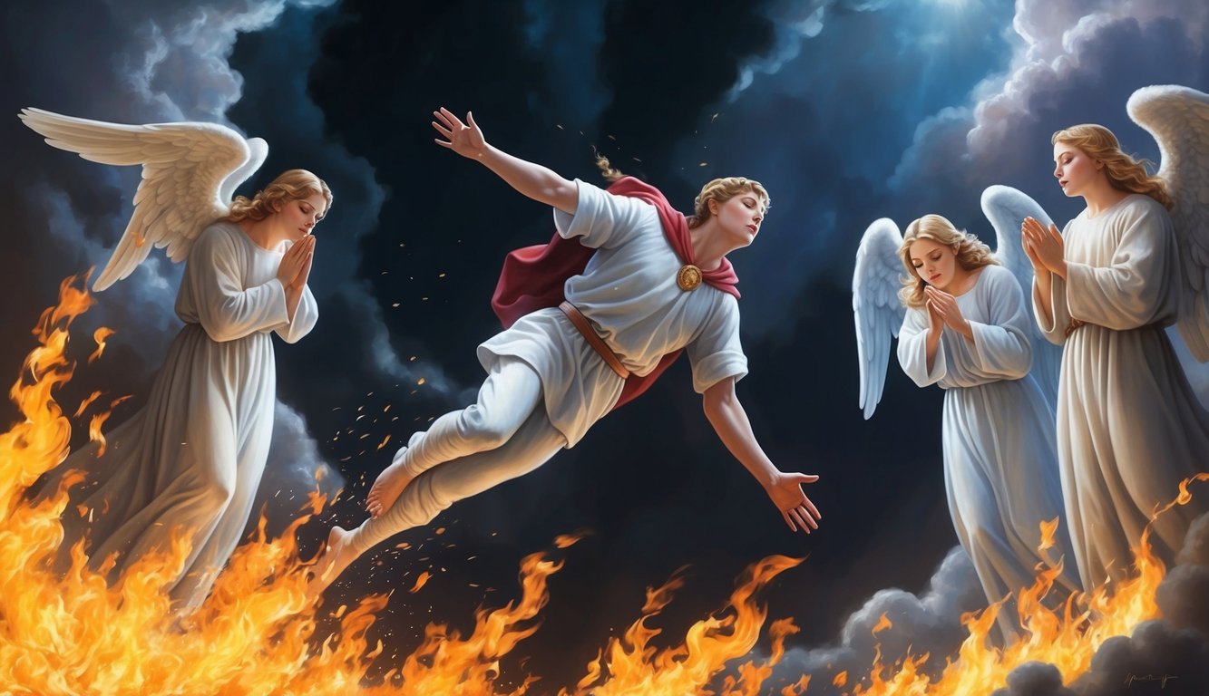 A figure falling from a celestial realm, surrounded by flames and darkness, as other angelic beings look on in sorrow and disbelief