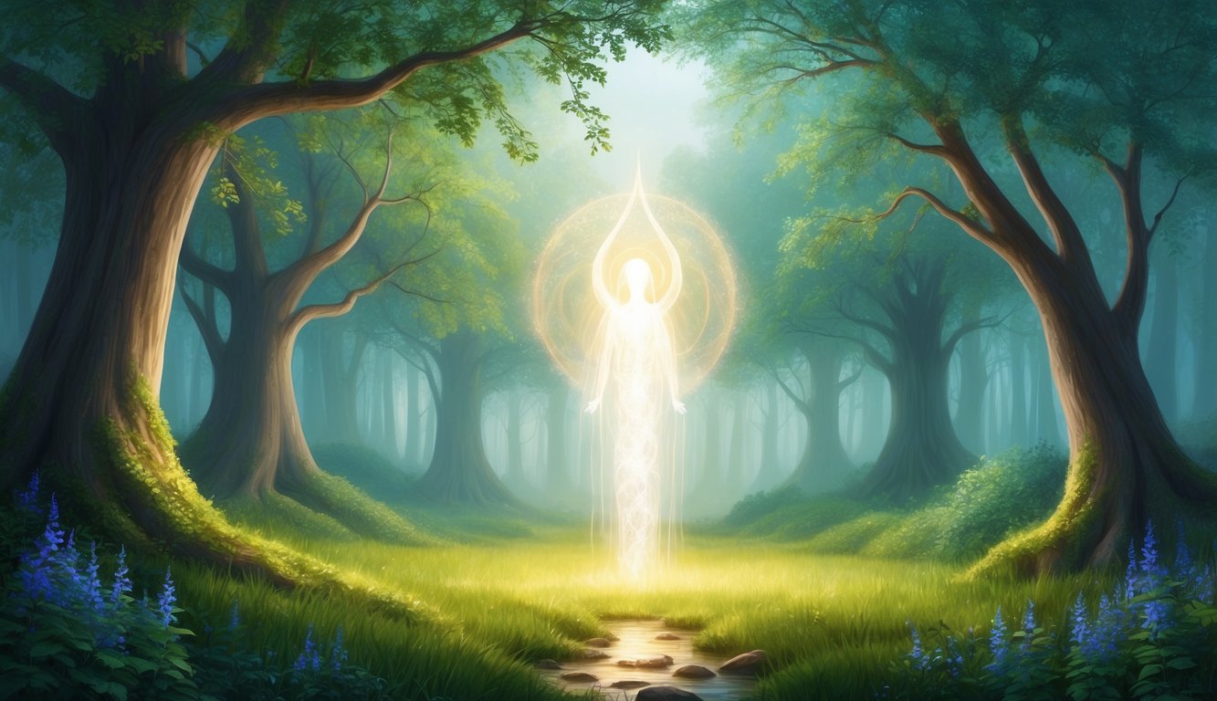 A tranquil forest glade with a glowing, ethereal presence and a subtle message of unity and peace