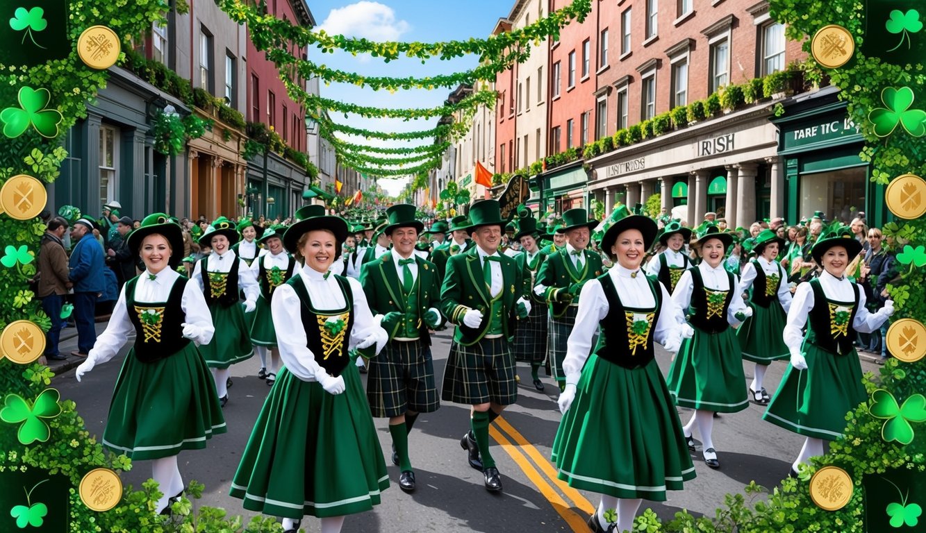 A vibrant parade with traditional Irish music, dance, and costumes, surrounded by green decorations and symbols of luck and prosperity