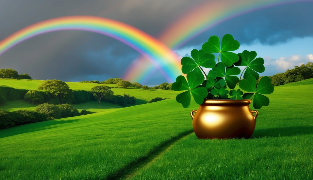 A lush green landscape with a rainbow stretching across the sky, leading to a golden pot of shamrocks