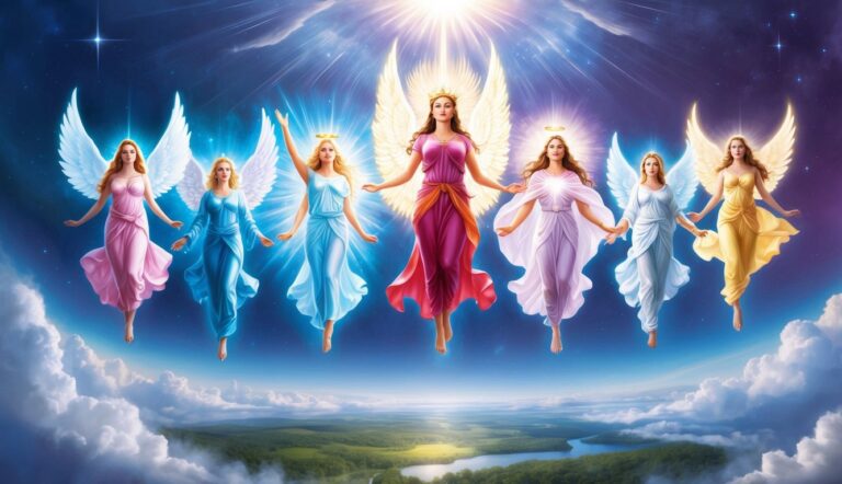 Seven angels with wings and halos floating in a celestial sky