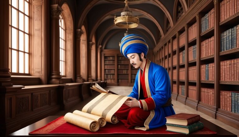 Man in blue turban reads scrolls in a library with bookshelves
