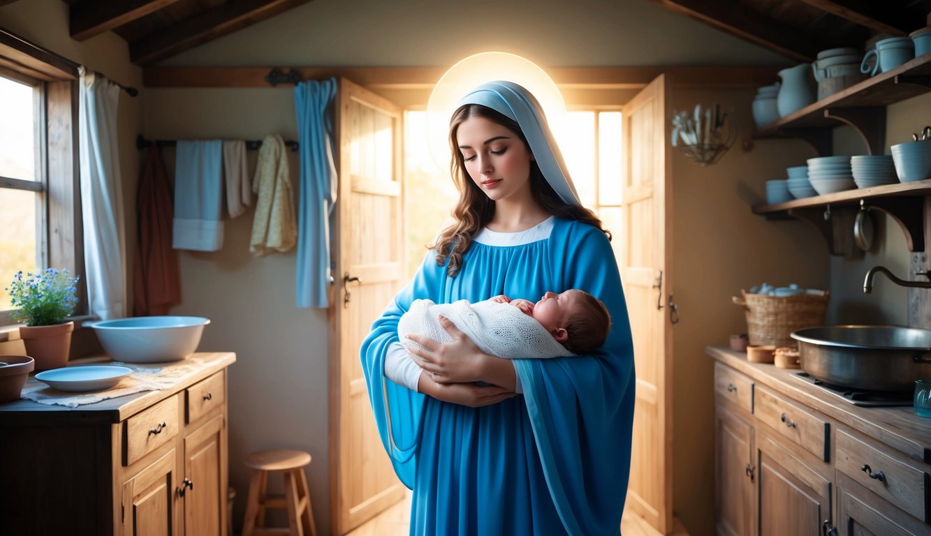 A young Mary stands in a humble home, surrounded by soft light, cradling a newborn baby in her arms