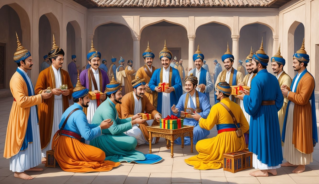 A group of eunuchs gathering in a courtyard, dressed in flowing robes and ornate headpieces, engaging in conversation and exchanging gifts