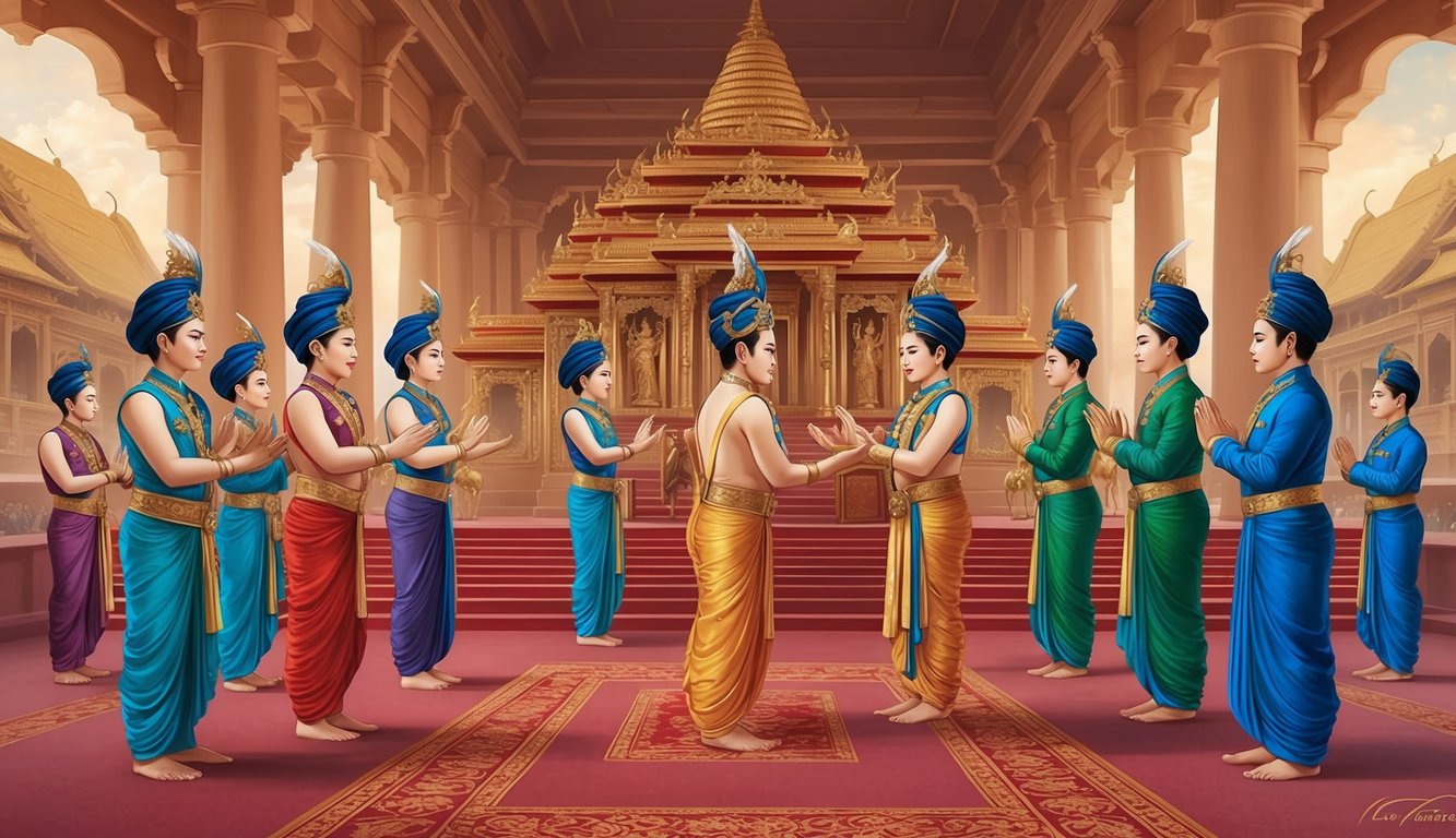 A group of eunuchs perform ceremonial rituals in a grand temple setting