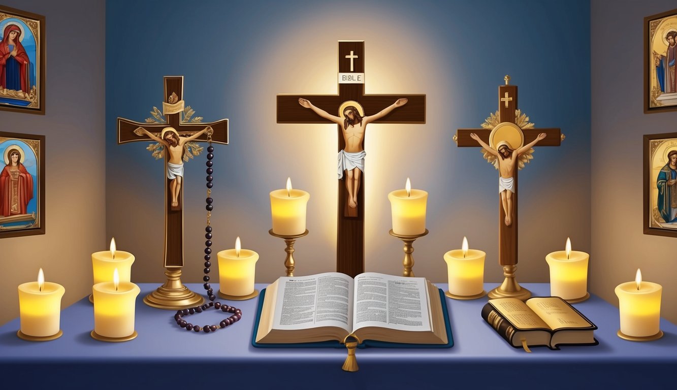 A serene, candlelit altar with a crucifix, rosary beads, and a Bible, surrounded by flickering votive candles and religious icons