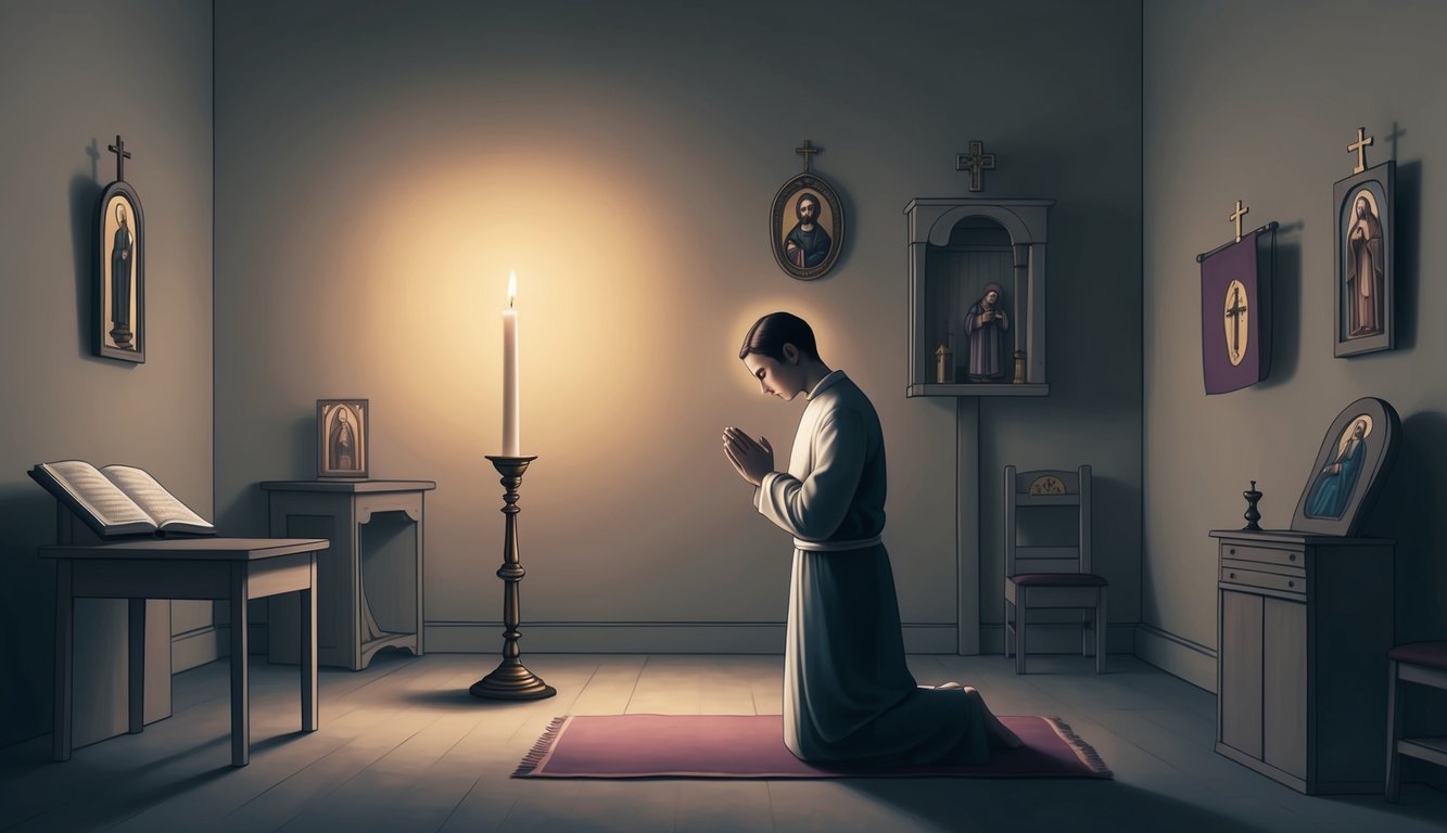 A solitary figure kneels in prayer within a simple, sparsely furnished room, surrounded by religious symbols and icons.</p><p>A single candle flickers in the dim light, casting a soft glow on the scene