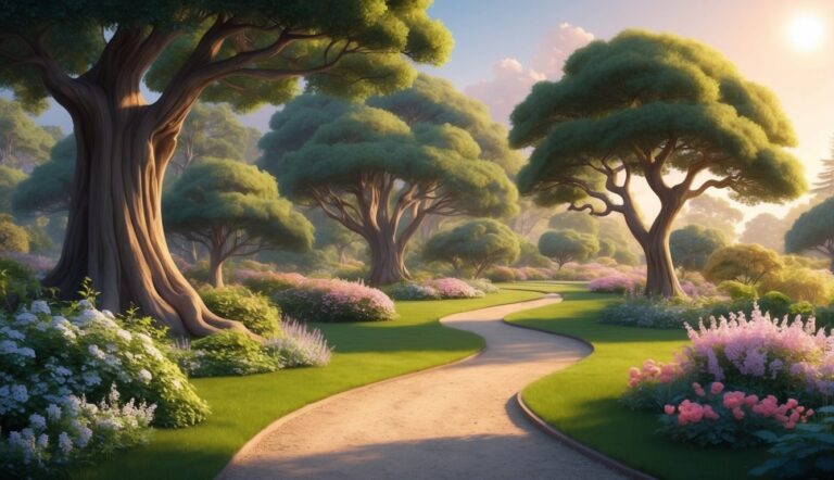 A winding path through a lush garden with large trees and flowers