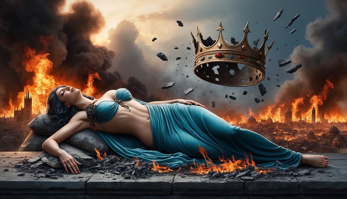 Jezebel's body lies lifeless as her legacy of destruction looms over the land, symbolized by burning cities and a shattered crown