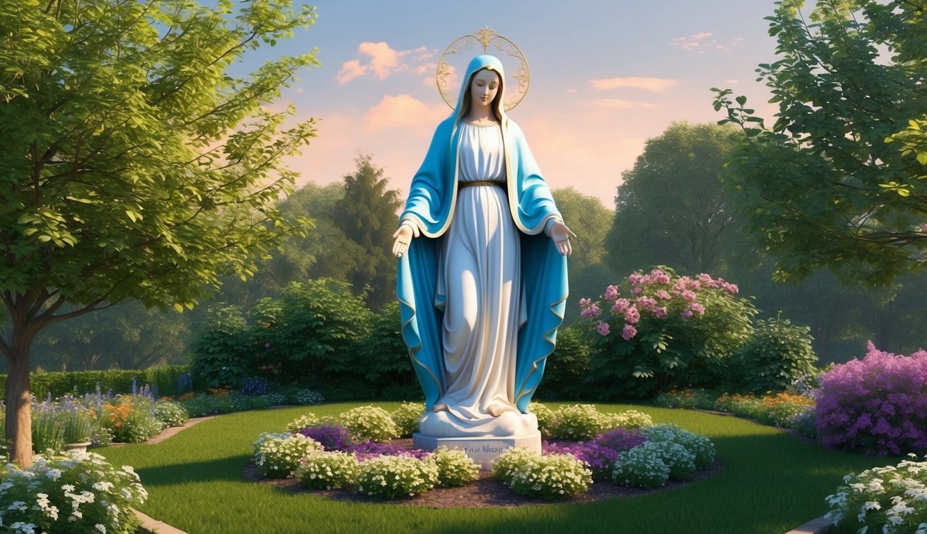 A peaceful garden with a statue of the Virgin Mary surrounded by flowers, a gentle breeze rustling the leaves of nearby trees