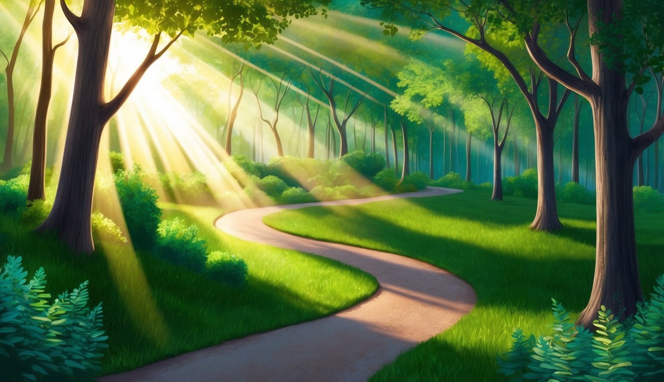 A serene landscape with a winding path through a lush forest, illuminated by rays of sunlight breaking through the trees