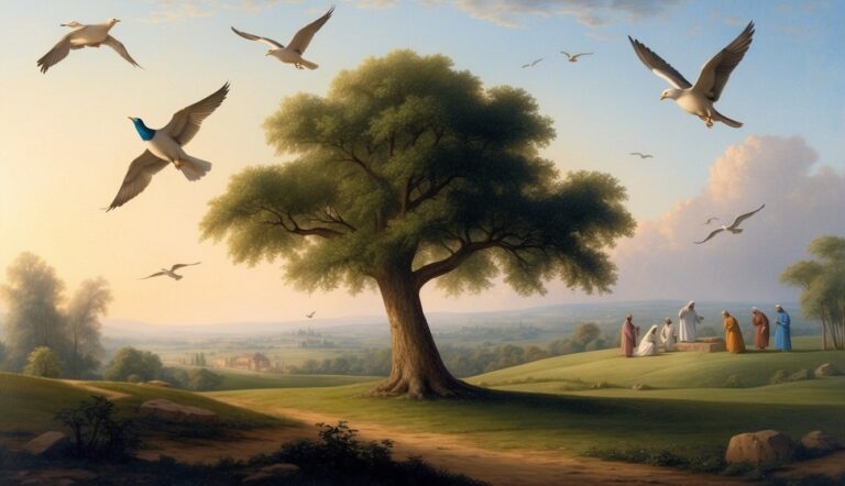 Large tree, birds flying, people in robes on a hill, landscape