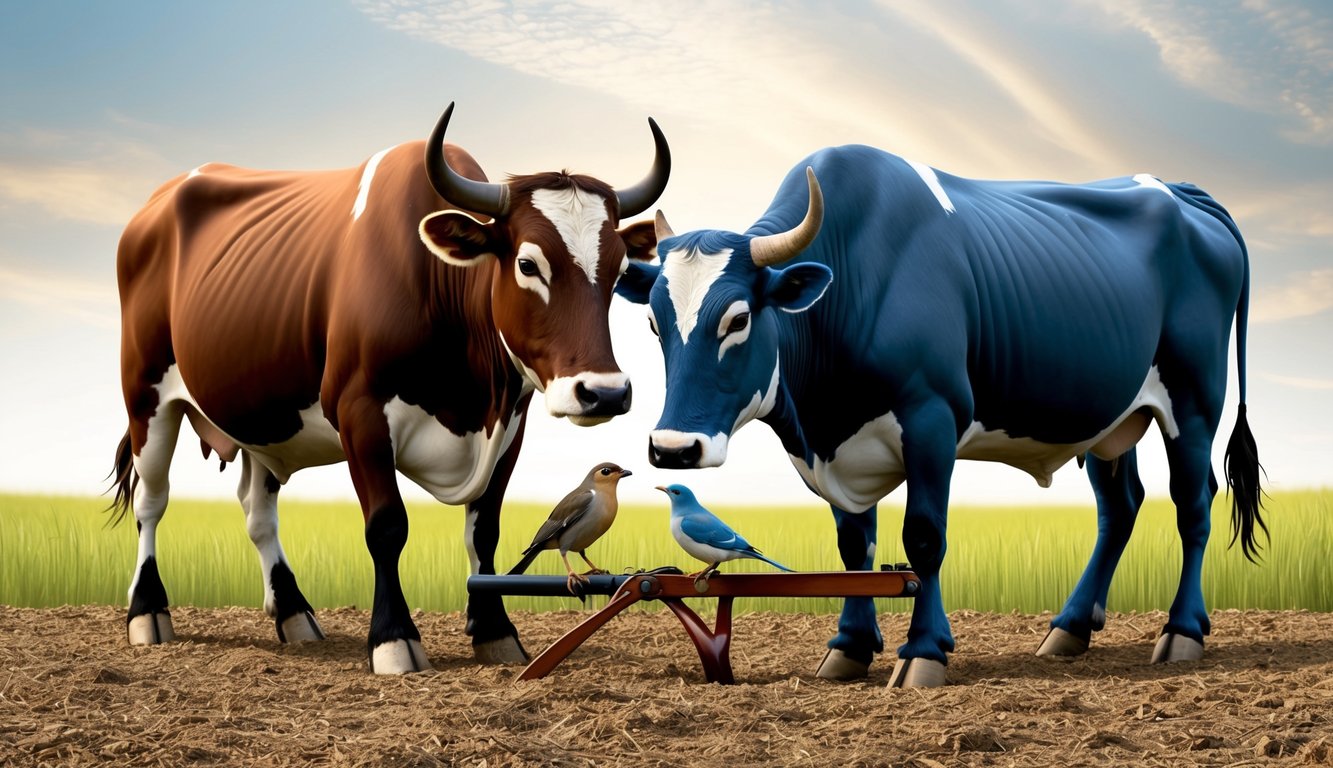 A sturdy ox and a delicate bird share a plow, symbolizing the moral and spiritual implications of being unequally yoked