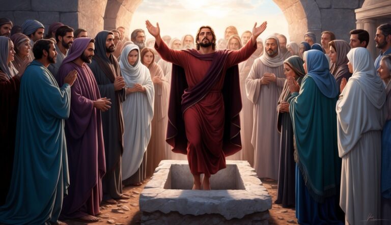 Jesus with arms raised, emerging from a tomb, surrounded by followers