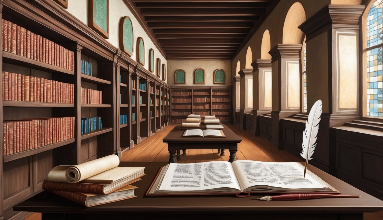 An ancient library with scrolls, tablets, and books lining the shelves.</p><p>A table holds open manuscripts and a quill pen