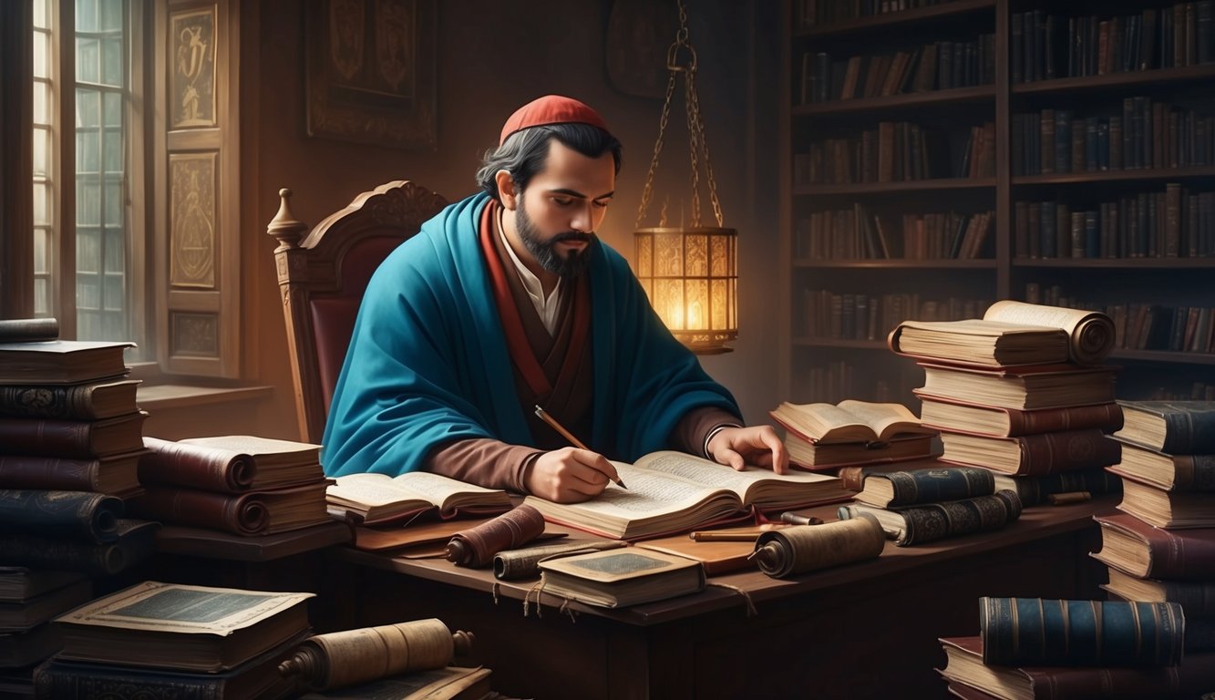 A scholar surrounded by ancient texts and scrolls, deep in study at a cluttered desk in a dimly lit room