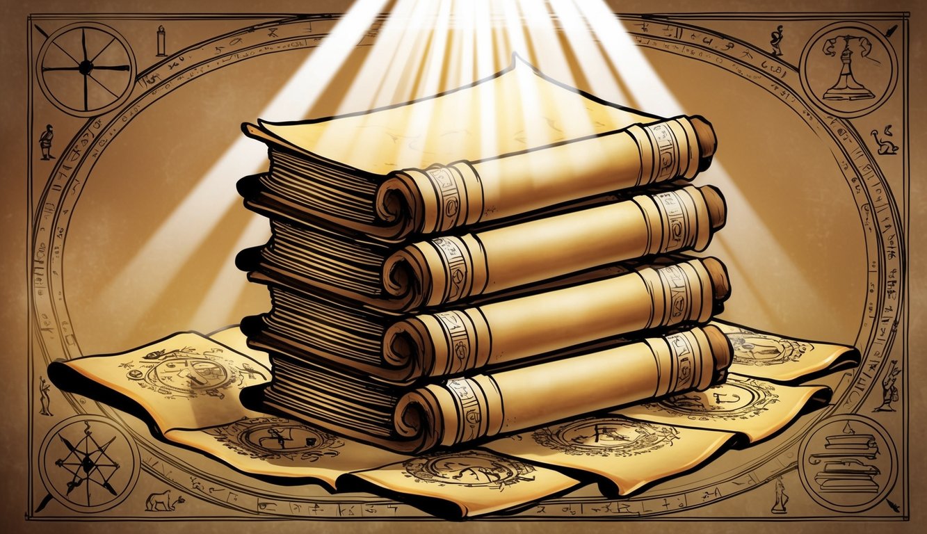 A stack of ancient scrolls surrounded by symbols and illustrations, with rays of light shining down on them from above