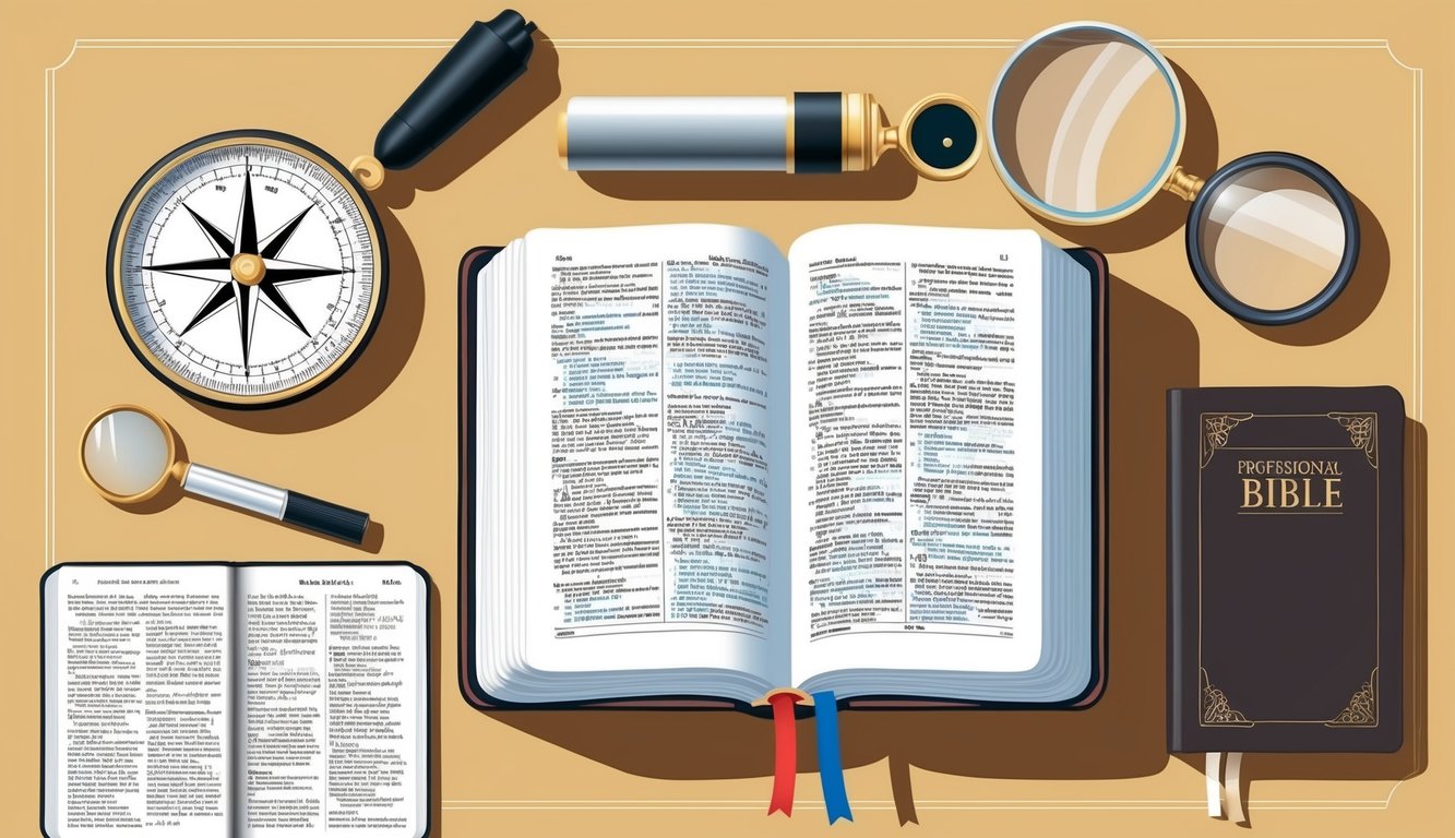 An open Bible surrounded by a compass, magnifying glass, and dictionary