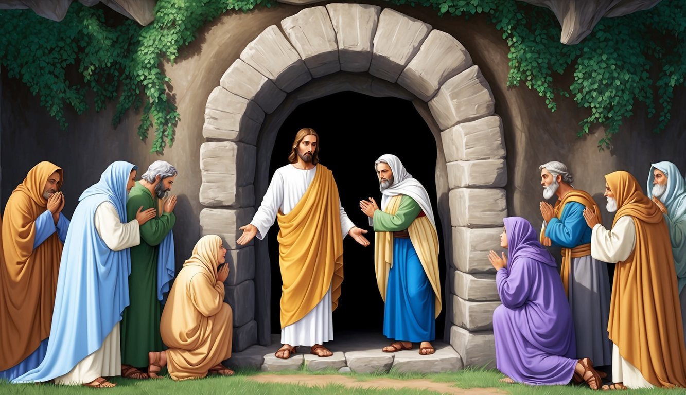 Jesus standing outside of Lazarus's tomb, surrounded by grieving friends and family.</p><p>The tomb is a cave-like structure with a large stone covering the entrance