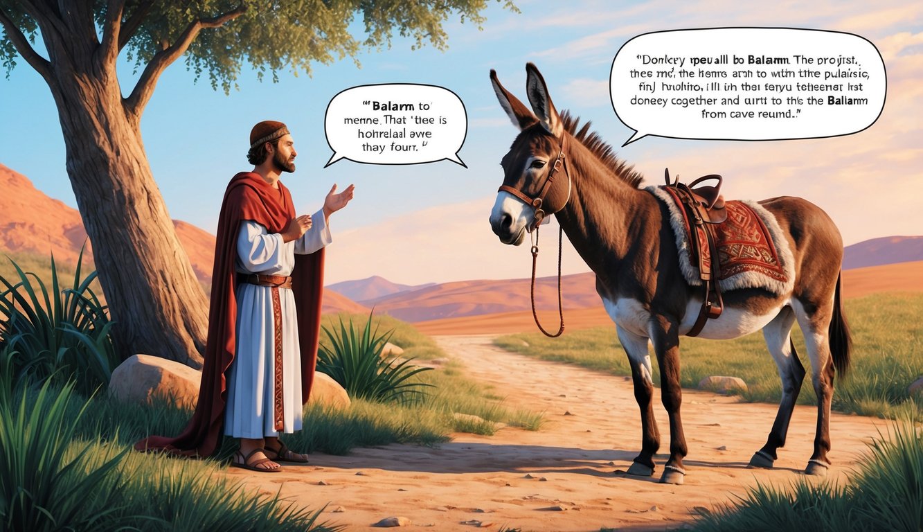 A donkey speaks to Balaam, the prophet, as they journey together