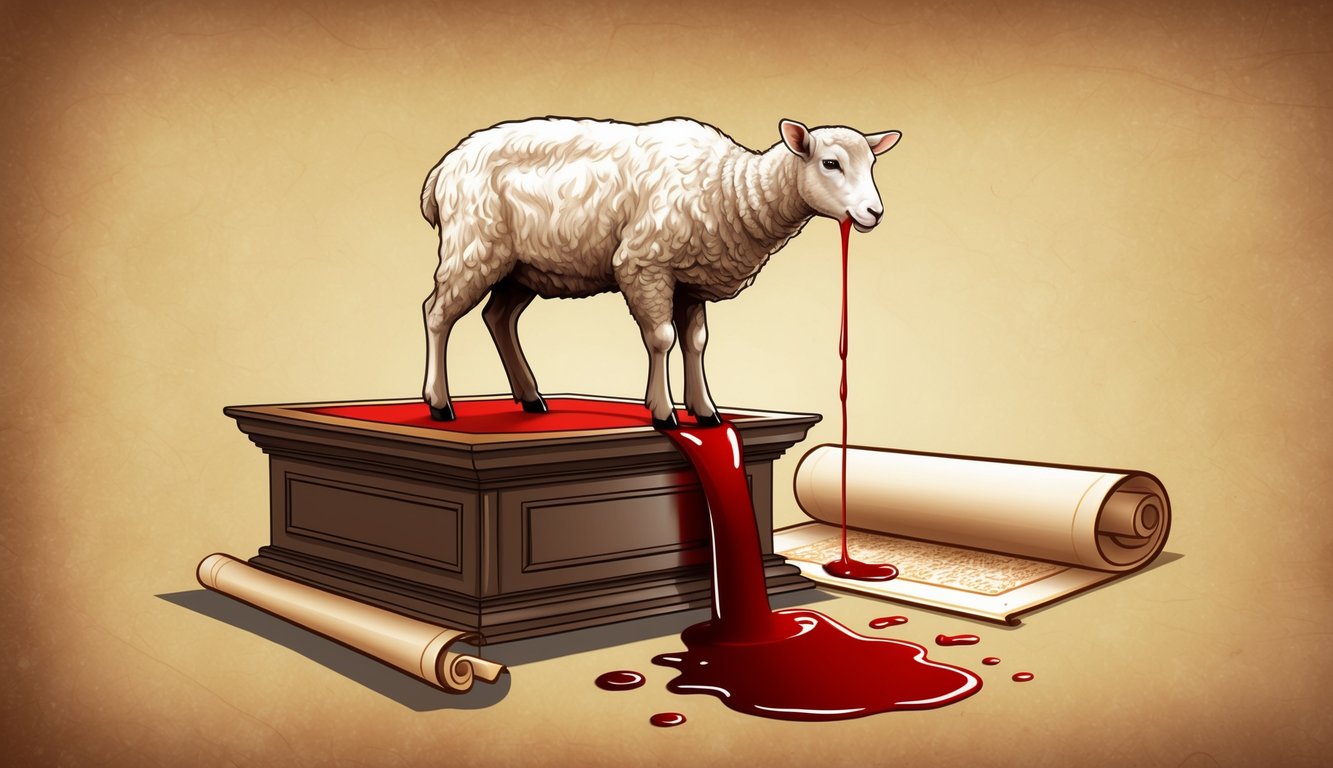 A lamb's blood flows from a sacrificial altar onto a scroll