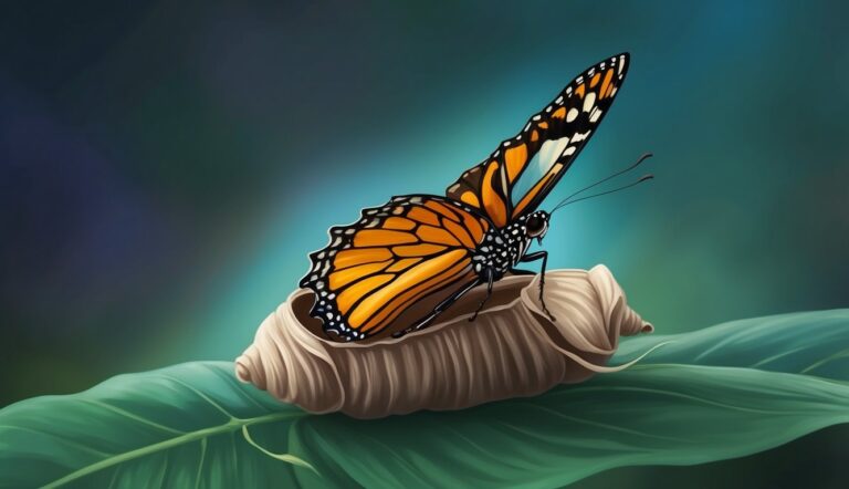 Monarch butterfly perched on a chrysalis, resting on a green leaf