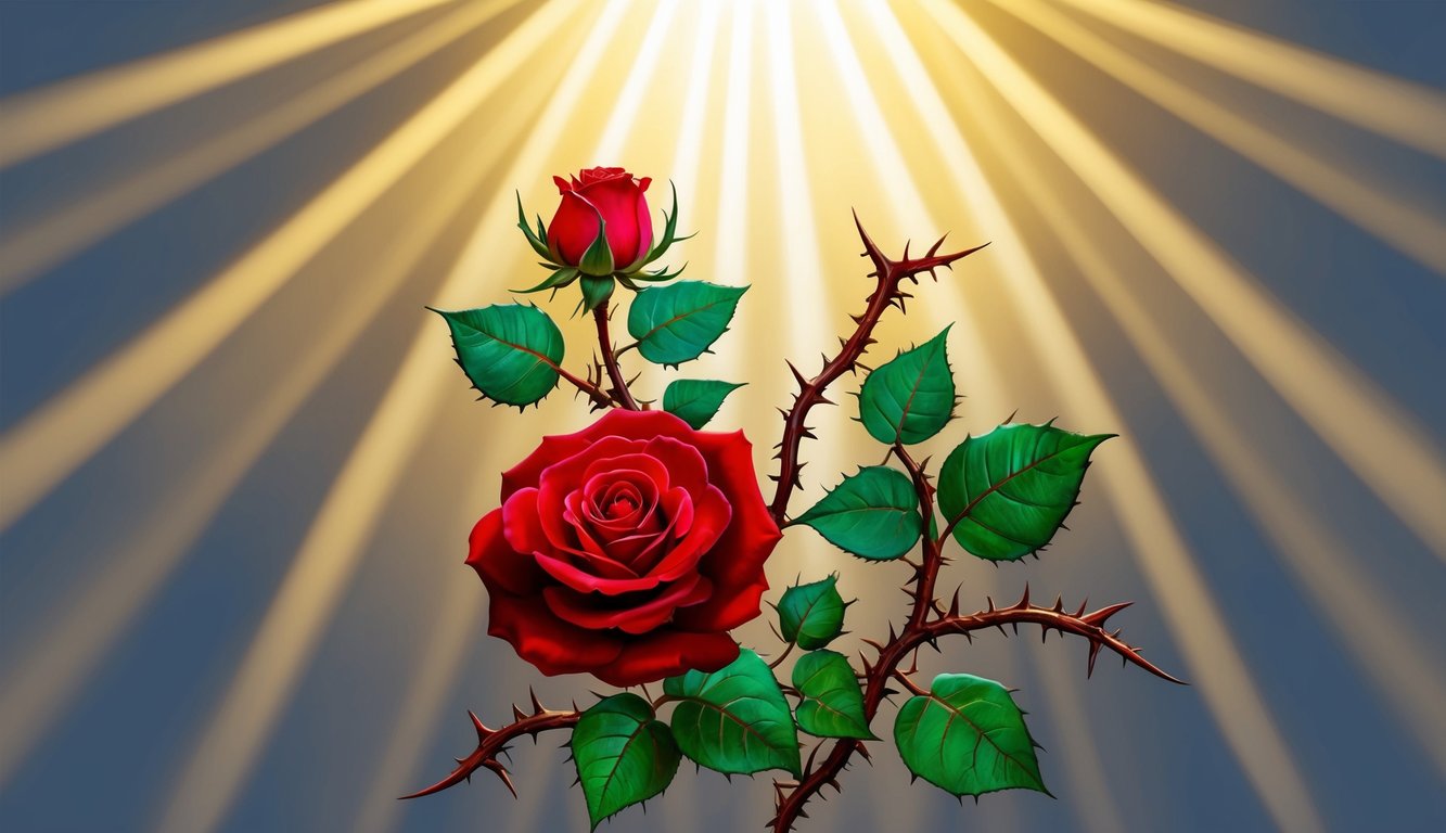 A radiant beam of light shining down on a blood-red rose, surrounded by thorny vines, symbolizing the power of redemption through the blood of Jesus