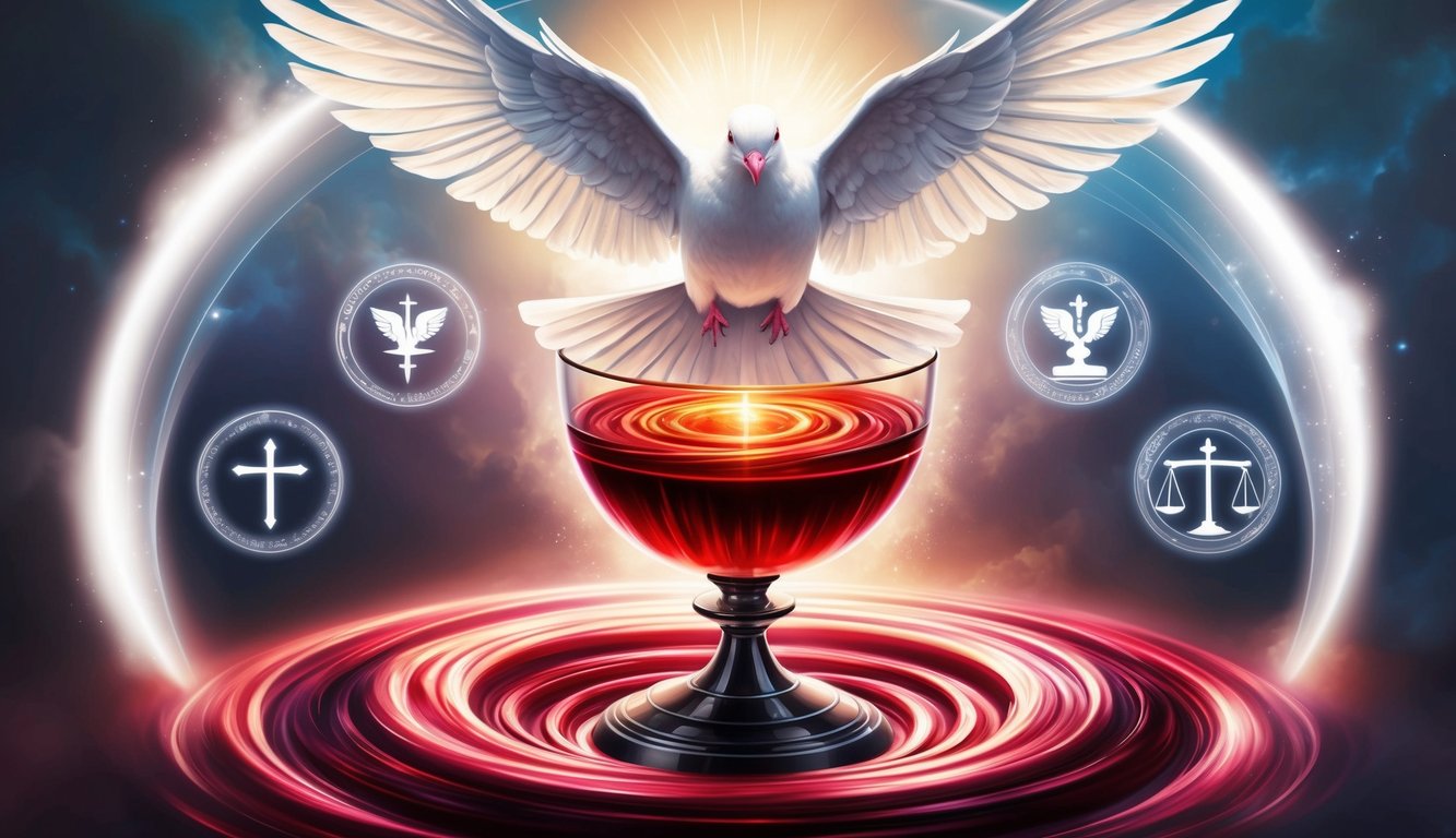 A radiant dove hovers above a chalice filled with swirling, glowing red liquid, surrounded by ethereal light and symbols of eternal inheritance