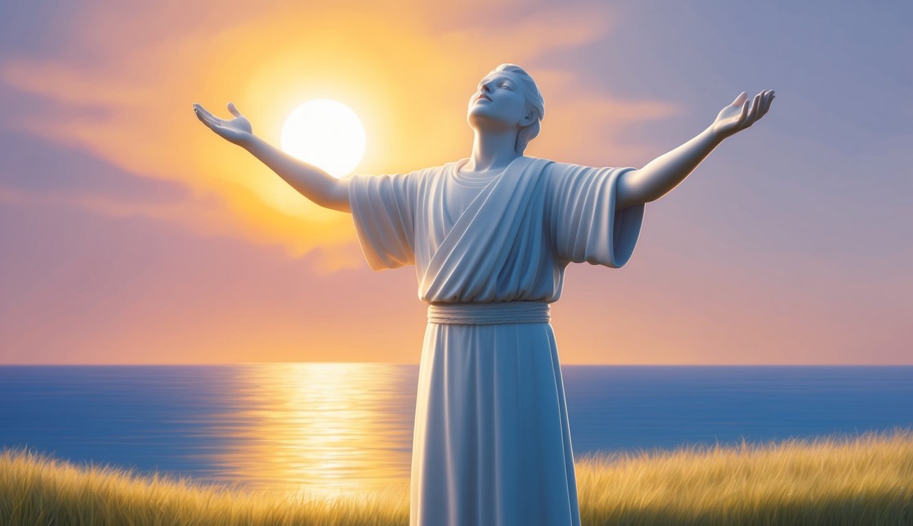 A serene figure stands before a glowing sunset, arms outstretched and head tilted upwards in a gesture of offering blessings and prayers for the future