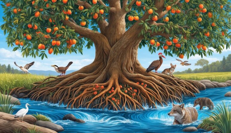 A large fruit tree with animals near a river