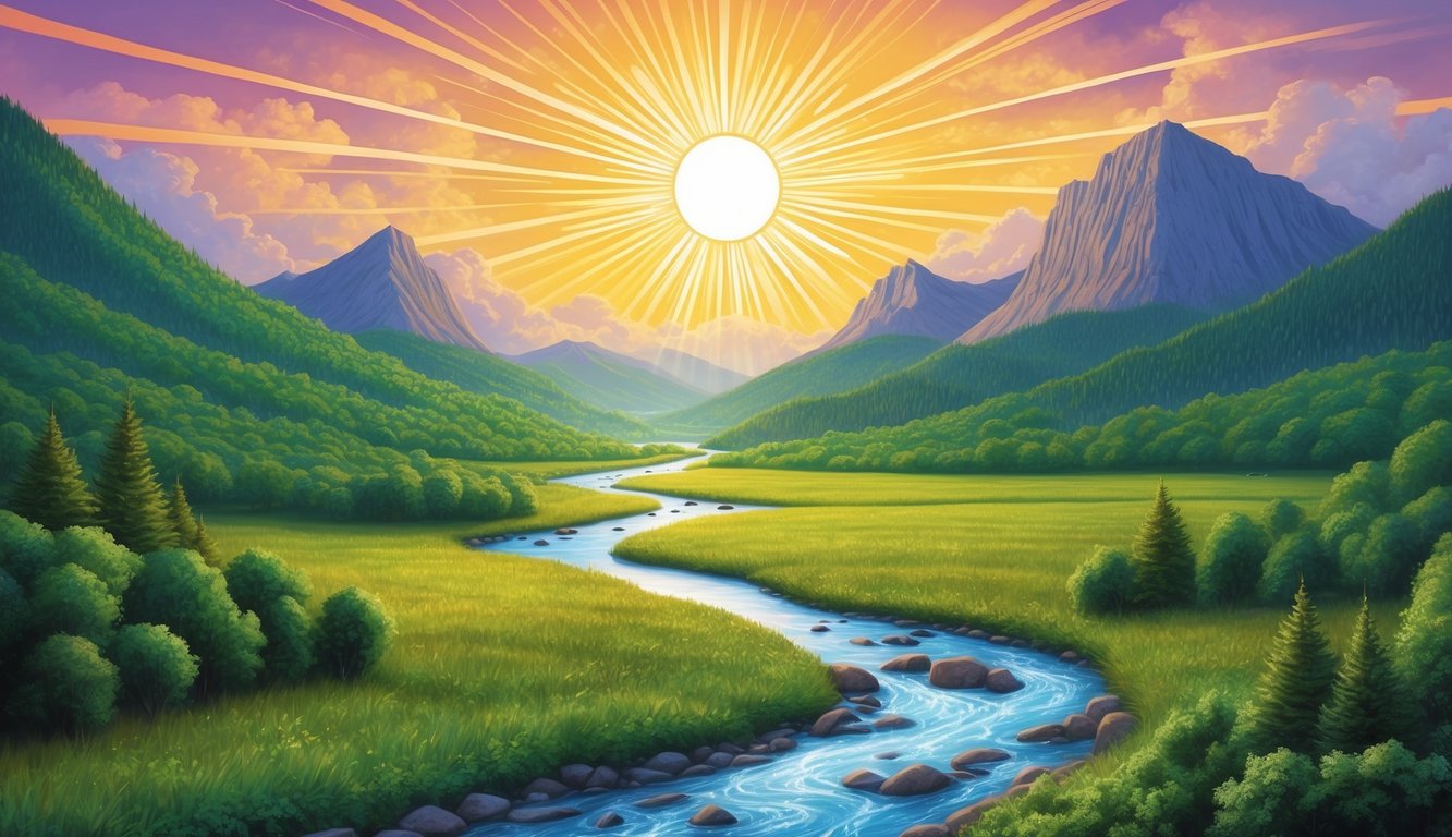 A radiant sunrise over a lush valley, with a flowing river and towering mountains in the distance