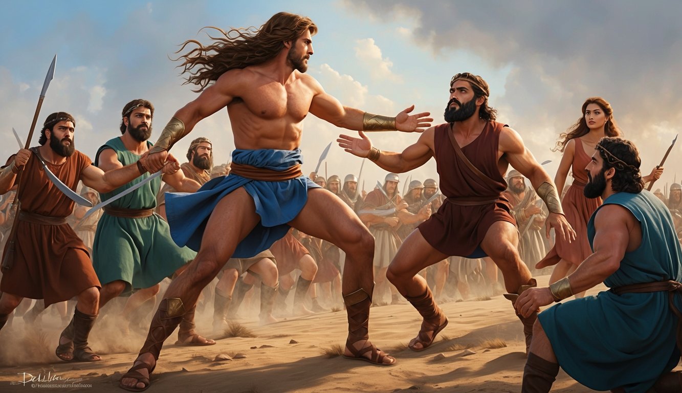 Samson overpowering the Philistines, his long hair flowing as Delilah watches from a distance