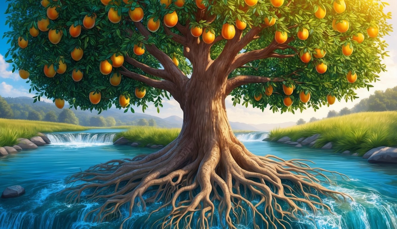 A tree with deep roots and abundant fruit, surrounded by flowing water and bathed in sunlight