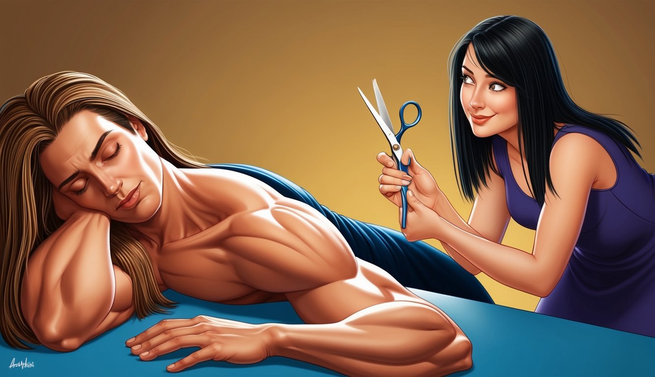 A muscular figure with long hair lies asleep while a woman with a sly expression holds a pair of scissors