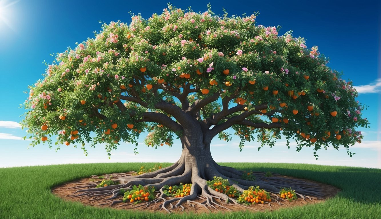 A flourishing tree with deep roots, surrounded by blooming flowers and abundant fruit, under a bright, clear sky