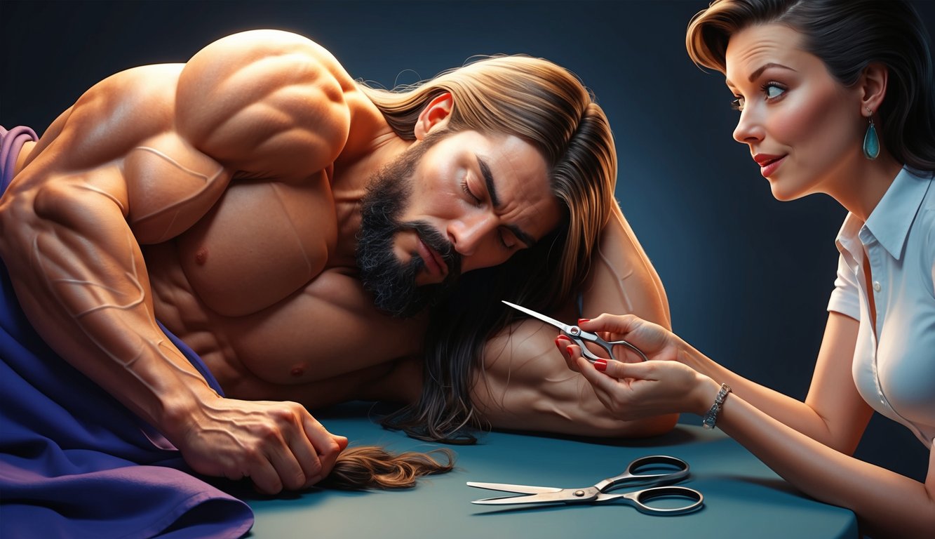 A muscular figure with long hair lies asleep, while a woman with a sly expression hovers nearby, holding a pair of scissors