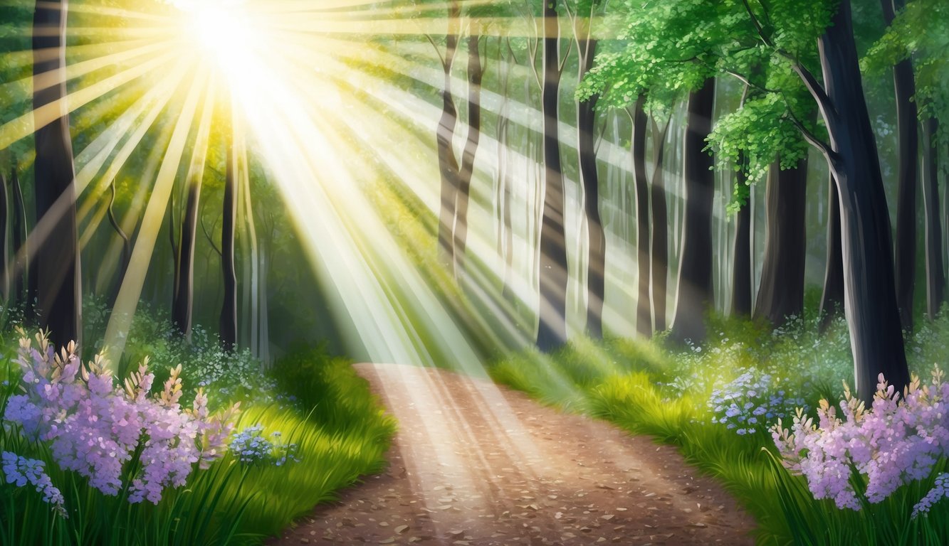 A radiant beam of light shining down on a path through a dense forest, with blooming flowers and a sense of peace and triumph