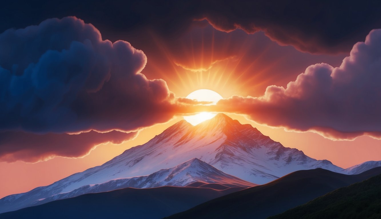 A radiant sunrise breaking through dark storm clouds, casting a warm glow over a mountain peak