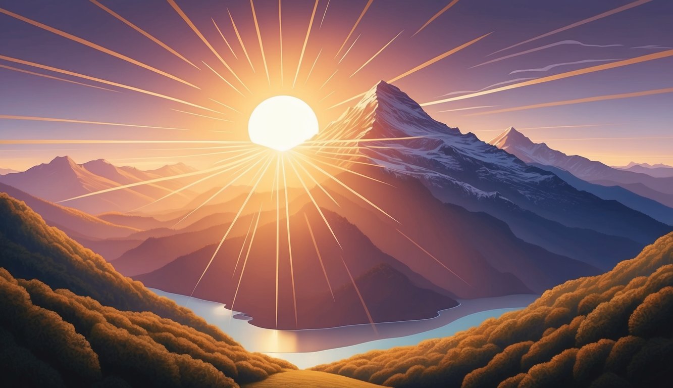 A radiant sunrise over a mountain peak, casting a warm glow on a tranquil valley below