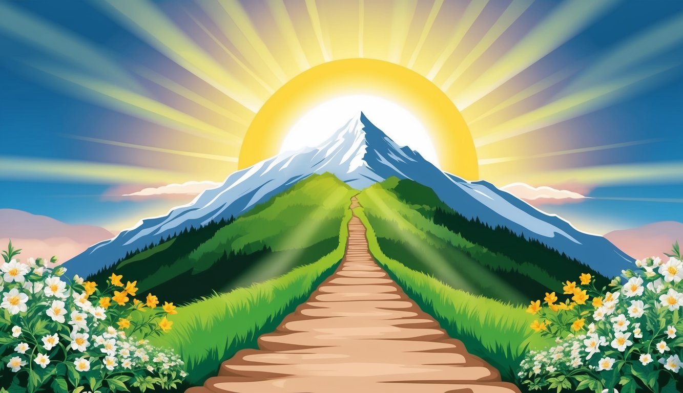 A radiant sunrise over a mountain peak, symbolizing triumph.</p><p>A path leads upward, flanked by blooming flowers and lush greenery